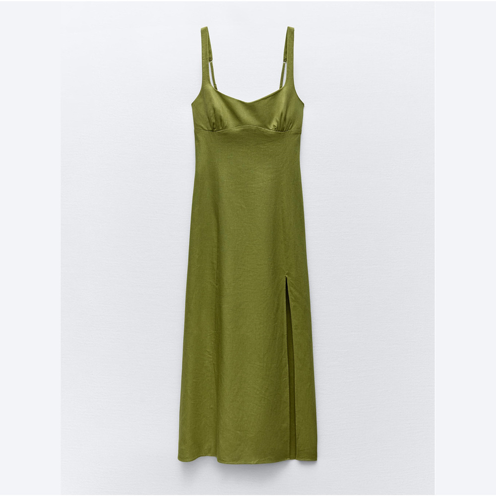 ZARA Green Linen Blend Front Slit Midi Dress NWT | Sizes M & L - Picture 15 of 16